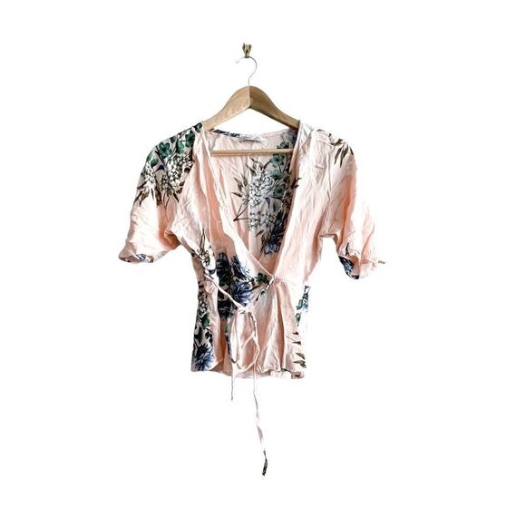 Dex Blouse Peach Floral Top Wrap Front Side Tie Women's M - Picture 1 of 7